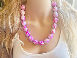 Hot Pink Chunky Statement Necklace, Big beaded jewelry, single strand Statement Necklace, chunky pink bib jewelry earrings white