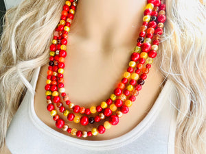 Wildfire Heart 3 Strand statement necklace, big beaded necklace, chunky jewelry, gold necklace, maroon cream red orange yellow necklace