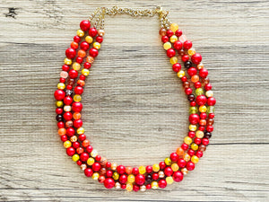 Wildfire Heart 3 Strand statement necklace, big beaded necklace, chunky jewelry, gold necklace, maroon cream red orange yellow necklace