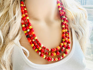 Wildfire Heart 3 Strand statement necklace, big beaded necklace, chunky jewelry, gold necklace, maroon cream red orange yellow necklace