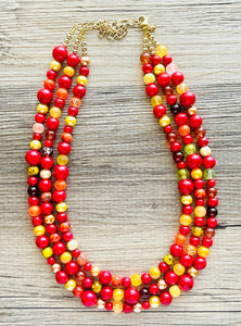 Wildfire Heart 3 Strand statement necklace, big beaded necklace, chunky jewelry, gold necklace, maroon cream red orange yellow necklace