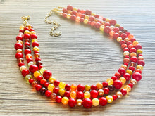 Load image into Gallery viewer, Wildfire Heart 3 Strand statement necklace, big beaded necklace, chunky jewelry, gold necklace, maroon cream red orange yellow necklace