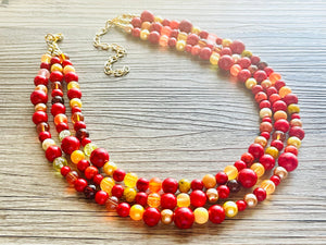 Wildfire Heart 3 Strand statement necklace, big beaded necklace, chunky jewelry, gold necklace, maroon cream red orange yellow necklace
