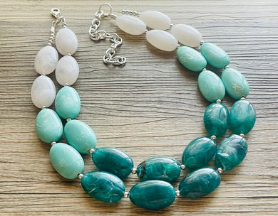 Seafoam & Emerald Green Chunky Statement Necklace, Big beaded jewelry, Double Strand Statement Necklace, Bib necklace bridesmaid wedding