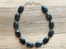 Load image into Gallery viewer, Black Swirl Necklace, single strand jewelry, big beaded chunky statement necklace, black necklace, drop black resin earrings 1 strand