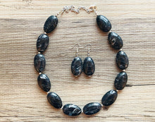 Load image into Gallery viewer, Black Swirl Necklace, single strand jewelry, big beaded chunky statement necklace, black necklace, drop black resin earrings 1 strand