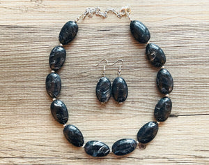 Black Swirl Necklace, single strand jewelry, big beaded chunky statement necklace, black necklace, drop black resin earrings 1 strand