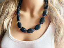 Load image into Gallery viewer, Black Swirl Necklace, single strand jewelry, big beaded chunky statement necklace, black necklace, drop black resin earrings 1 strand