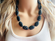 Load image into Gallery viewer, Black Swirl Necklace, single strand jewelry, big beaded chunky statement necklace, black necklace, drop black resin earrings 1 strand