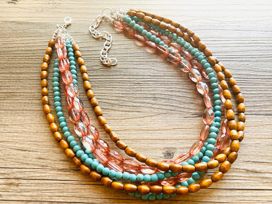 6 Strand beaded Statement Chunky Necklace, casual necklace, Traveler wood brown turquoise necklace, coral beaded jewelry thick bib