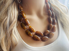 Load image into Gallery viewer, Hot cocoa Brown Chunky Statement Necklace, Big beaded jewelry, Double Strand Statement Necklace, Bib brown bridesmaid wedding earrings