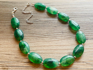 Jalapeño green Statement Necklace & Earrings, emerald green jewelry set, dark deep green bib chunky necklace forest resin beaded silver