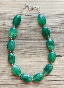 Jalapeño green Statement Necklace & Earrings, emerald green jewelry set, dark deep green bib chunky necklace forest resin beaded silver