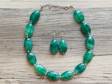 Load image into Gallery viewer, Jalapeño green Statement Necklace &amp; Earrings, emerald green jewelry set, dark deep green bib chunky necklace forest resin beaded silver