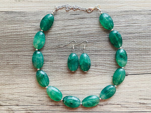 Jalapeño green Statement Necklace & Earrings, emerald green jewelry set, dark deep green bib chunky necklace forest resin beaded silver