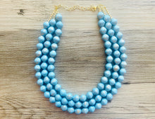 Load image into Gallery viewer, Aqua Blue 3 Strand Statement Necklace, Chunky light blue &amp; Gold clay Beaded Bib Jewelry, blue jewelry, baby blue jewlery necklace