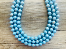 Load image into Gallery viewer, Aqua Blue 3 Strand Statement Necklace, Chunky light blue &amp; Gold clay Beaded Bib Jewelry, blue jewelry, baby blue jewlery necklace