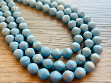 Load image into Gallery viewer, Aqua Blue 3 Strand Statement Necklace, Chunky light blue &amp; Gold clay Beaded Bib Jewelry, blue jewelry, baby blue jewlery necklace