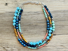 Load image into Gallery viewer, Tributaries Statement Necklace, chunky bib beaded jewelry, Summer blue coral green necklace, beaded glass jewelry wood chambray silver