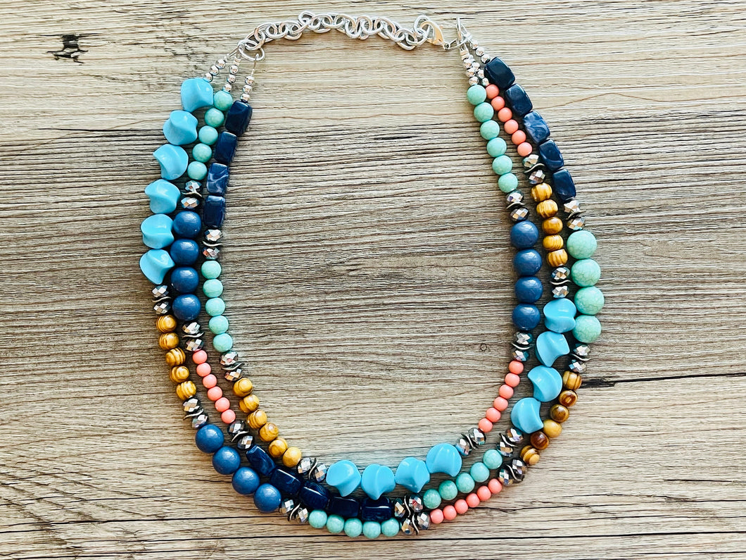 Tributaries Statement Necklace, chunky bib beaded jewelry, Summer blue coral green necklace, beaded glass jewelry wood chambray silver