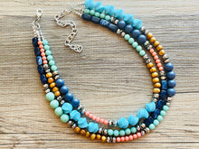 Load image into Gallery viewer, Tributaries Statement Necklace, chunky bib beaded jewelry, Summer blue coral green necklace, beaded glass jewelry wood chambray silver
