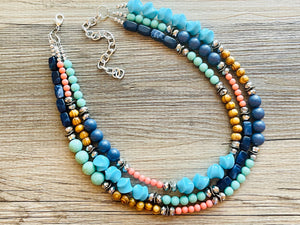 Tributaries Statement Necklace, chunky bib beaded jewelry, Summer blue coral green necklace, beaded glass jewelry wood chambray silver