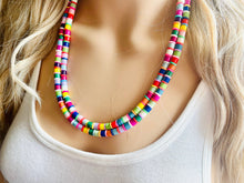 Load image into Gallery viewer, Rainbow Statement Necklace, candy chunky single strand jewelry, yellow red green sky blue necklace, 2 strand silver necklace colorful