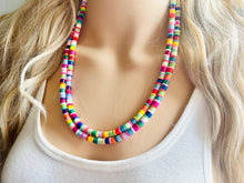 Load image into Gallery viewer, Rainbow Statement Necklace, candy chunky single strand jewelry, yellow red green sky blue necklace, 2 strand silver necklace colorful