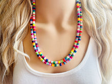 Load image into Gallery viewer, Rainbow Statement Necklace, candy chunky single strand jewelry, yellow red green sky blue necklace, 2 strand silver necklace colorful