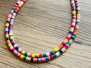 Rainbow Statement Necklace, candy chunky single strand jewelry, yellow red green sky blue necklace, 2 strand silver necklace colorful