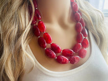 Load image into Gallery viewer, Cherry Red Chunky Statement Necklace, Big beaded jewelry, double strand Statement Necklace, chunky red bib jewelry earrings