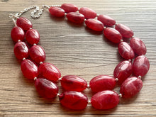 Load image into Gallery viewer, Cherry Red Chunky Statement Necklace, Big beaded jewelry, double strand Statement Necklace, chunky red bib jewelry earrings