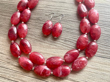 Load image into Gallery viewer, Cherry Red Chunky Statement Necklace, Big beaded jewelry, double strand Statement Necklace, chunky red bib jewelry earrings