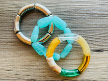 Load image into Gallery viewer, Mint Cabana Statement bracelet, chunky bold bamboo bracelet, gold colorful beaded jewelry, chunky geometric green champagne tan white