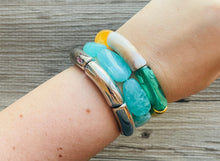 Load image into Gallery viewer, Mint Cabana Statement bracelet, chunky bold bamboo bracelet, gold colorful beaded jewelry, chunky geometric green champagne tan white