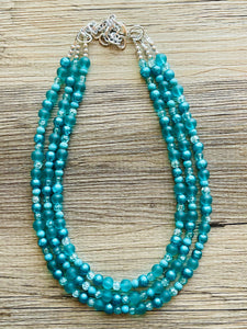 Teal 3 Layer Statement Necklace, turquoise chunky necklace, statement bib necklace jewelry turquoise blue jewerly, glass beaded earrings