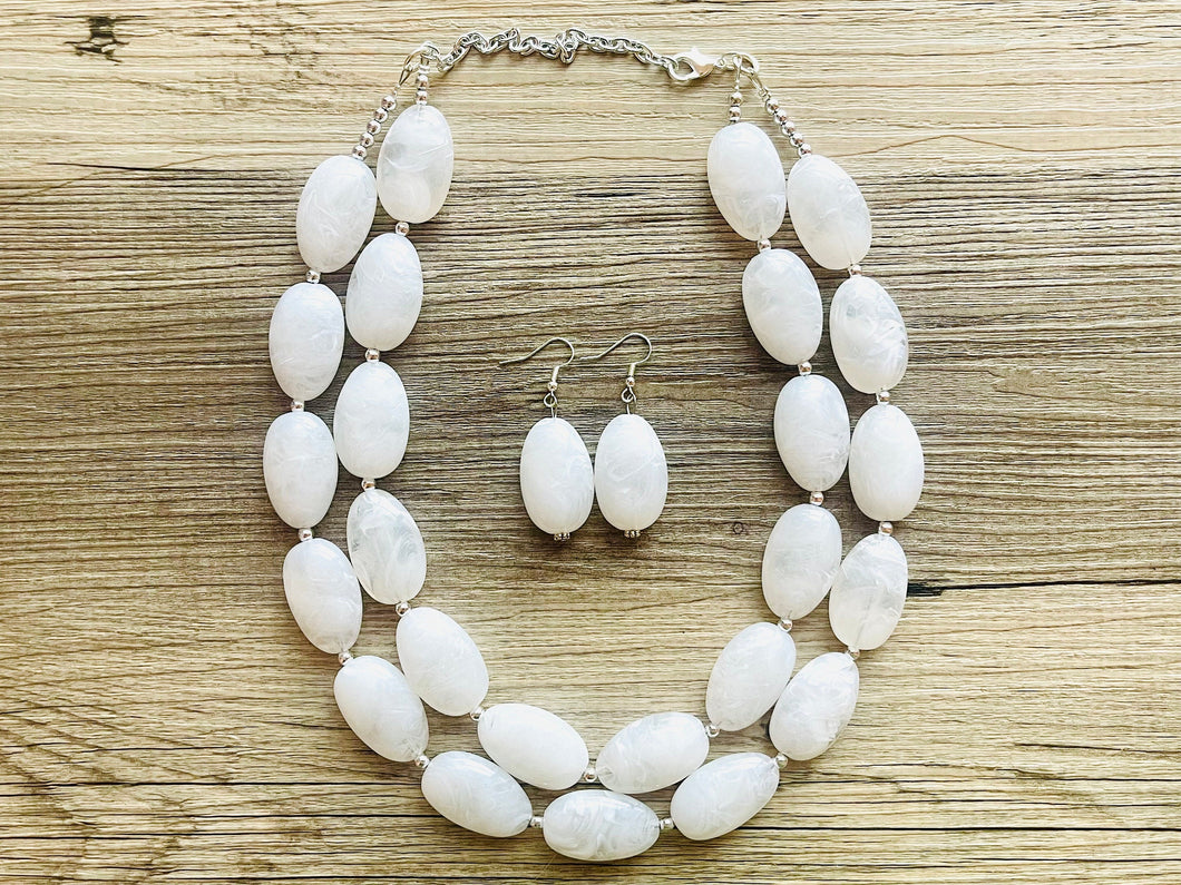 White Statement jewelry set, Chunky Beaded Necklace, neutral Jewelry, bright white Necklace, wedding beaded necklace, white earrings