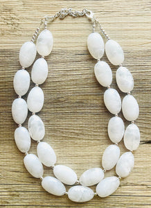White Statement jewelry set, Chunky Beaded Necklace, neutral Jewelry, bright white Necklace, wedding beaded necklace, white earrings