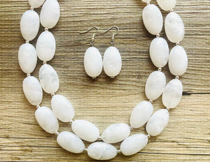 White Statement jewelry set, Chunky Beaded Necklace, neutral Jewelry, bright white Necklace, wedding beaded necklace, white earrings