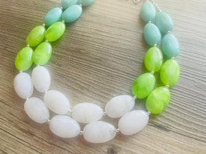 Seafoam & Lime Green Chunky Statement Necklace, Big beaded jewelry, Double Strand Statement Necklace, Bib necklace bridesmaid wedding