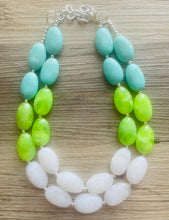 Load image into Gallery viewer, Seafoam &amp; Lime Green Chunky Statement Necklace, Big beaded jewelry, Double Strand Statement Necklace, Bib necklace bridesmaid wedding