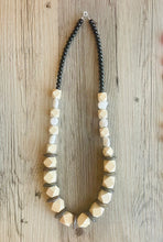 Load image into Gallery viewer, Wood Chunky Long Statement Necklace, black white gray necklace, beaded long necklace, white stone beaded statement jewelry