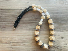 Load image into Gallery viewer, Wood Chunky Long Statement Necklace, black white gray necklace, beaded long necklace, white stone beaded statement jewelry