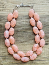Load image into Gallery viewer, Peach Chunky Statement jewelry set, Big bib beaded jewelry, Double Strand Statement Necklace earrings, peach bridesmaid wedding coral