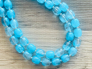 Aqua Blue Double Strand Statement Necklace, Chunky light blue Oval Beaded Bib Jewelry, blue jewelry, baby blue jewlery necklace