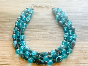 Black Beach Mermaid Chunky Statement Necklace, Triple Strand Beaded Jewelry, Black & Blue jewelry, bridesmaid wedding bib resin thick