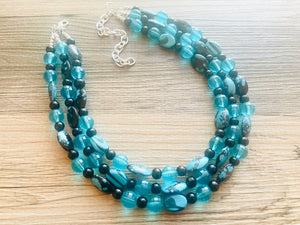 Black Beach Mermaid Chunky Statement Necklace, Triple Strand Beaded Jewelry, Black & Blue jewelry, bridesmaid wedding bib resin thick