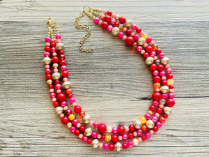 Glowing Campfire Necklace, Triple Layer Statement Jewelry, autumn Statement Necklace, deep orange Wedding Bridesmaid Jewelry gold red pink