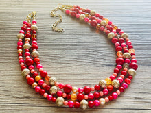 Load image into Gallery viewer, Glowing Campfire Necklace, Triple Layer Statement Jewelry, autumn Statement Necklace, deep orange Wedding Bridesmaid Jewelry gold red pink