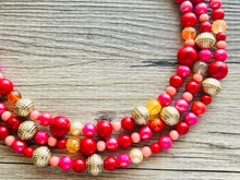 Load image into Gallery viewer, Glowing Campfire Necklace, Triple Layer Statement Jewelry, autumn Statement Necklace, deep orange Wedding Bridesmaid Jewelry gold red pink